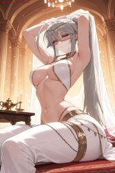 1girl ai_generated armpits breasts curtains grey_eyes grey_hair hair_between_eyes hi_res high_quality high_resolution indoors karasuba_(sekirei) kiraamane large_breasts long_hair looking_at_viewer navel pants patreon seductive sekirei sexy sidelocks sitting smile solo uncensored underboob very_long_hair watermark