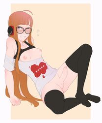 1futa bottomless breasts breasts_out erection futa_only futanari glasses grin haruhssment headphones penis persona persona_5 sakura_futaba shirt simple_background sitting small_breasts solo solo_futa thighhighs