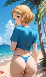 ai_generated arms ass back back_view bare_back beach_background big_ass big_butt blonde_hair blue_bikini_bottom blue_shirt blue_thong blushing butt buttocks clouds elf_girl fat_ass green_eyes hairclips happy head_turned hylian looking_at_viewer palm_trees pixai princess_zelda sand sea shirt_rolled_up short_hair sky smiling the_legend_of_zelda thong zelda_(tears_of_the_kingdom)