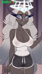 2026 ai_generated big_breasts dark-skinned_female dolphin_shorts ends34 hazbin_hotel large_breasts milf sera_(hazbin_hotel) short_shorts shorts standing worried