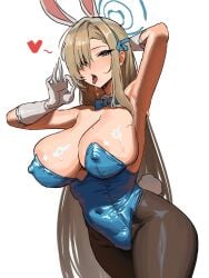 1girl 1girls animal_ear_hairband animal_ears asuna_(blue_archive) asuna_(bunny)_(blue_archive) bare_shoulders black_pantyhose blonde_hair blue_archive blue_bow blue_bowtie blue_hair blue_halo blue_leotard blush bow bowtie breasts cleavage collarbone covered_navel covered_nipples detached_collar fake_animal_ears fake_tail fellatio_gesture gloves hair_over_one_eye hairband halo highres kuyokuyo large_breasts leotard long_hair looking_at_viewer mole mole_on_breast open_mouth pantyhose rabbit_ear_hairband rabbit_ears rabbit_tail solo tail tongue tongue_out very_long_hair white_gloves
