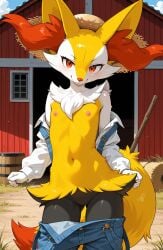 1girls 2026 ai_generated anthro bare_shoulders barn black_fur braixen farm female female_only flat_chest generation_6_pokemon hi_res inner_ear_fluff innie_pussy mostly_nude mostly_nude_female nintendo nipples off_shoulder orange_eyes orange_fur outdoors overalls pants pants_down pink_nipples pokemon pokemon_(species) pussy shirt shirt_down smile straw_hat unbuttoned unbuttoned_shirt undressing white_fur yellow_fur zonoya_(artist)