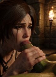 1boy 1girls ai_assisted ai_generated auburn_hair big_penis black_swimsuit blowjob blowjob_pov braid braided_hair brown_eyes brown_hair fellatio female holding_penis interspecies lara_croft looking_at_viewer male orc penis penis_in_mouth pov pov_eye_contact realistic stable_diffusion swimsuit temple tomb_raider torch_light uncensored_penis