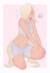 blonde_hair blush bulge english_text femboy girly hair_over_one_eye haruhssment kneeling long_hair pose simple_background sportswear tongue_out