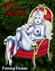 bones chaos_comics character_name erect_nipples female lady_death lipstick long_hair nipples signature sitting solo text toonytease white_eyes white_hair white_skin
