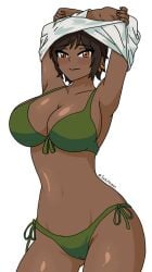 armpits arms_up artist_request big_ass big_breasts big_butt bikini bikini_bottom bikini_top blush blushing_at_viewer brown_hair dark-skinned_female dark_skin ear_piercing limbus_company orange_eyes outis_(limbus_company) shadow smile swimsuit swimwear t-shirt t-shirt_lift taking_clothes_off thick_ass thick_thighs