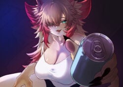1girl 1girls animal_ears big_breasts blonde_hair blue_eyes body_freckles breasts busty can cat_ears cat_girl cleavage commentary female freckles hair_over_one_eye holding holding_can huge_breasts indie_virtual_youtuber large_breasts long_hair looking_at_viewer massive_breasts multicolored_hair obkatiekat open_mouth pink_hair shirt shorts shoulder_freckles sitting solo thighs tits untranslatable_commentary virtual_youtuber vtuber white_shirt