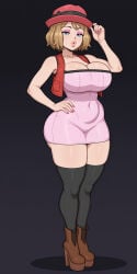 ai_assisted ai_generated bimbo bimboports_(ai) blonde_hair blue_eyes boots breast_implants cleavage covered_navel eyeshadow hat high_heel_boots long_fingernails makeup nail_polish navel_visible_through_clothes pink_hat pink_nails platform_heels pokemon pokemon_(anime) pokemon_xy round_breasts serena_(pokemon) sleeveless thick_lips thick_thighs thighhighs tube_dress