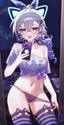 1girl :d alternate_costume animal_ear_legwear animal_ears black_thighhighs blush breasts brown_eyes brown_hair cat_ear_legwear cat_ears cellphone collarbone cowboy_shot crop_top crossed_bangs drill_hair earrings fake_animal_ears gradient_hair grey_hair hair_between_eyes hair_ornament hair_ribbon hairclip holding holding_phone honkai:_star_rail hoyoverse indoors jewelry long_hair looking_at_mirror looking_at_viewer medium_breasts midriff ministro mirror multicolored_hair multiple_views nail_polish navel no_pants off-shoulder_shirt off_shoulder open_mouth panties panty_pull phone pink_shirt ponytail pulled_by_self reflection ribbon selfie shirt short_sleeves side-tie_shirt silver_wolf_(honkai:_star_rail) smartphone smile solo standing stomach streaked_hair striped_clothes striped_panties striped_thighhighs sweat t-shirt taking_picture thighhighs thighs tied_shirt twin_drills