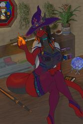 2:3 angmar angmara anthro armwear barefoot black_body black_countershading book breasts brown_hair cape choker claws clay_pot clothing countershading cutout dragon elemental_manipulation feet female fire fire_manipulation gold_(metal) gold_jewelry gold_necklace green_eyes hair hat headgear headwear hi_res inside ivy_(plant) jewelry legwear magic_ball magic_user melee_weapon mythological_creature mythological_scalie mythology necklace nipple_cutouts non-mammal_breasts occult_symbol painting_(object) pentagram plant red_body scalie sitting snout solo stockings sword symbol wand weapon witch witch_hat