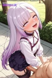 1girl ai_assisted ai_generated atelier cock_in_pussy collar cowgirl creampie embarrassed from_above gradient_hair harness inside leaning_forward long_hair looking_at_viewer moaning open_mouth outdoors outside parted_bangs pink_eyes purple_hair pussy_sex rolling_eyes saliva shaking side_view skirt smile stockings tile_floor tree white_hair white_shirt