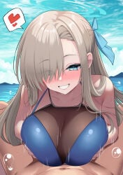 1boy 1girls absurdres asuna_(blue_archive) bare_shoulders beach black_one-piece_swimsuit blonde_hair blue_archive blue_eyes blue_halo blue_one-piece_swimsuit blue_ribbon blue_sky blush breasts breasts_squeezed_together bubble clothed_female_nude_male cloud collarbone day female grin hair_over_one_eye hair_ribbon halo heart hetero highres implied_paizuri large_breasts long_hair looking_at_viewer male motion_lines nude ocean one-piece_swimsuit outdoors paizuri paizuri_on_lap paizuri_under_clothes parted_bangs pov pov_crotch ribbon sky smile solo_focus spoken_heart sweat swimsuit two-tone_one-piece_swimsuit two-tone_swimsuit watchimen water