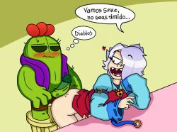 1girls ass brawl_stars colette_(brawl_stars) edit female gabri_art green_penis heart male penis plant spanish_text spike_(brawl_stars)