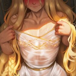 1boy 2026 2d absurd_res absurd_resolution absurdres ai_generated androgynous bare_shoulders blonde_hair blush braid closed_mouth collarbone dress elden_ring head_out_of_frame hi_res high_quality high_resolution highres hydraulicmatingpress image long_hair male_focus miquella miquella_the_kind otoko_no_ko patreon patreon_username see-through shadow_of_the_erdtree solo sweat uncensured very_long_hair watermark wet wet_clothes white_dress