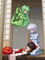 3girls bondage bound captured gag hanging lesbian lying mummy reimu_hakurei sakuya_izayoi sanae_kochiya touhou yuri