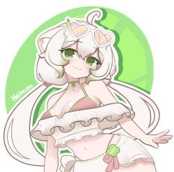 1girl 1girls ahoge animal_ears big_breasts bikini breasts choker cleavage eyewear_on_head female ferret_ears ferret_girl gradient_hair green_choker green_eyes green_hair hair_between_eyes heart heart-shaped_eyewear highres indie_virtual_youtuber laimu laimu_(summer) large_breasts looking_at_viewer multicolored_hair navel pink-tinted_eyewear pink_bikini sarong smile solo sunglasses swimsuit tinted_eyewear tits twintails virtual_youtuber vtuber white_hair white_sarong