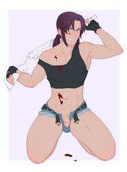 1boy black_lagoon blood denim_shorts fingerless_gloves genderswap genderswap_(ftm) grin gun haruhssment kneeling long_hair male male_only open_shorts penis pose purple_hair revy rule_63 simple_background solo solo_male uncensored yaoi