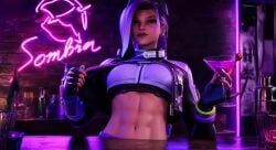 abs ai_generated_video animated antifragile_slay_star artist_request breathing_heavily holding_cocktail latina midriff overwatch overwatch_2 purple_eyes purple_hair seductive_look showing_abs showing_off sombra sound tagme toned_female video
