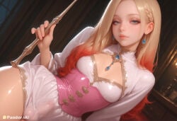 1boy 1femboy absurd_res ai_generated artist_name artist_upload blonde_hair blue_eyes braid breasts bulge corset crossdressing earrings erection erection_under_clothes femboy femboy_focus feminine_male gay gradient_hair hi_res holding indoors jewelry lips long_hair looking_at_viewer more_at_source multicolored_hair nose pandora patreon patreon_username penis red_hair self_upload small_breasts solo transgender two-tone_hair uncensored watermark