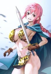 artist_request braided_hair brown_eyes chainmail chainmail_bikini cleavage gladiatrix gloves holding_weapon huge_breasts loincloth long_hair one_piece pink_hair rebecca_(one_piece) royalty sweat sword