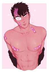 1boy abs eye_patch haruhssment hello_kitty hello_kitty_(character) hello_kitty_(series) kitty_white looking_at_viewer male_only muscular muscular_male nude sanrio scar short_hair simple_background taped_nipples