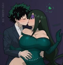 big_breasts boku_no_hero_academia breasts cleavage curvy dress eyes_closed french_kiss green_hair holding_hips hug_from_behind huge_breasts izuku_midoriya kiss kissing long_gloves long_hair makeup my_hero_academia pearl_necklace snakebd spiky_hair suit thick_thighs tight_dress tongue_kiss tsuyu_asui voluptuous voluptuous_female wide_hips