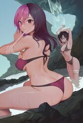 100wang 2girls arm_wrap ass bandage bikini black_hair breasts brown_eyes brown_hair female heterochromia human long_hair looking_back multiple_girls neo_(rwby) pink_eyes pink_hair ruby_rose rwby short_hair silver_eyes standing_in_water tagme two_tone_hair wangxiii water waterfall