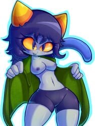 1girl 1girls :3 :p alien alien_girl alien_humanoid artist_request big_breasts big_tail black_eyes black_hair blep blue_tail booty_shorts breasts breasts_out cat_eyes cat_girl cat_humanoid cat_tail catgirl child_bearing_hips coat exposed_breasts exposed_nipples female female_only glistening glistening_body glistening_breasts glistening_skin green_tongue grey_areola grey_body grey_nipples grey_skin hair hips hips_wider_than_shoulders holding holding_clothing homestuck homestuck_troll horns large_tail legs ms_paint_adventures nepeta_leijon no_artist_signature orange_horns short_hair shorts simple_background solo solo_female tail thick thick_hips thick_legs thick_thighs thighs toned toned_body toned_female toned_stomach tongue tongue_out white_background yellow_sclera