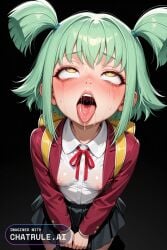 1girl ahegao_face ai_assisted ai_generated backpack bag black_skirt collared_shirt detailed_face green_hair high_angle huge_eyes jacket long_hair long_sleeves luna naked neck_ribbon petite_breasts red_jacket ribbon shirt skirt small_breasts uniform visible_breasts visible_nipples white_shirt yellow_eyes