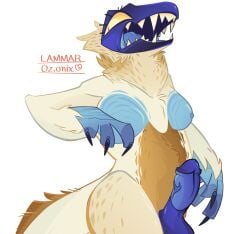 1futa anthro_only blue_penis body_markings breasts_out claws dinosaur drooling furry futa_only futanari lammar large_penis multicolored_body non-human_penis sharp_teeth solo_futa thick_thighs