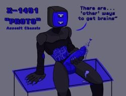 anthro bodily_fluids cum digital_drawing_(artwork) digital_media_(artwork) english_text furniture genital_fluids humanoid leaking_cum machine male on_table possible_bad_ending robot robot_humanoid shaded simple_shading sitting sitting_on_table solo space_station_14 table text vexilary xenoborg_(ss14)