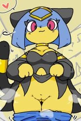 2026 2:3 anthro ardest black_clothing breath choker clothed clothing clothing_lift detailed_background dress dress_lift felid feline female front_view genitals heart_symbol jewelry looking_at_viewer looking_down looking_down_at_viewer low-angle_view mammal musk necklace pal_(species) palmorph palworld pants_around_thighs partially_clothed pocketpair sekhmet_(pal) solo standing vulva yellow_body