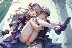 1girl ai_assisted ai_generated anal anal_penetration big_dick black_gloves carrying doll_joints frills gothic_lolita grey_hair hair_ornament headband heterochromia leg_lock long_hair purple_dress purple_shoes ribbons trails_of_cold_steel white_pantyhose