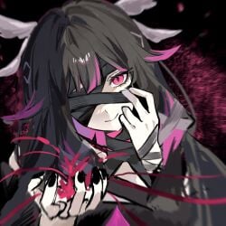 artist_request bandage_over_one_eye bandages bandages_over_eyes black_hair black_nail_polish black_nails columbina_(genshin_impact) eye_color_change genshin_impact hair_covering_eye looking_at_viewer male/female male_in_female_body mommy multicolored_hair nail_polish pink_hair possessed possession purple_hair red_eyes rerir_(genshin_impact) slit_pupil slit_pupils smile tagme tagme_(artist) very_long_hair