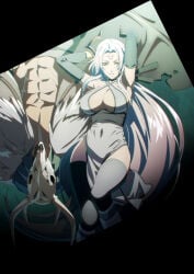 1boy 1girls abs black_torch breasts child_bearing_hips clothing hips horns large_breasts long_hair looking_at_viewer muscular_male navel screencap stitched thick_thighs thighhighs thighs wide_hips yellow_eyes
