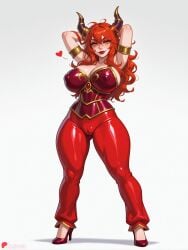 1girl ai_generated armlet armpits arms_behind_head arms_up boobs breasts cameltoe cleavage covered_nipples curvy full_body hair_between_eyes heart high_heels horns huge_ass huge_breasts juswa large_ass large_breasts lips long_hair looking_at_viewer makeup orange_eyes pants questionable red_hair red_lips simple_background smile solo standing thicc thick_thighs thighs white_background