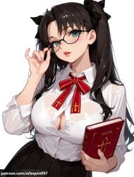 1girl adjusting_eyewear ai_generated alternate_breast_size aqua_eyes arlequin097 bespectacled black-framed_eyewear black_hair black_ribbon black_skirt blue_eyes blush book bow bowtie bra bra_peek bra_visible_through_clothes breasts button_gap buttons cleavage collared_shirt cross_print dress_shirt fate/stay_night fate_(series) fingernails glasses hair_ribbon hand_on_eyewear hand_up holding holding_book large_breasts lips long_hair long_sleeves looking_at_viewer neck_ribbon parted_bangs parted_lips partially_unbuttoned pink_lips pleated_skirt red_ribbon ribbon rin_tohsaka school_uniform see-through shirt shirt_tucked_in simple_background skirt solo tohsaka_rin twintails two_side_up underwear white_background white_bra white_shirt
