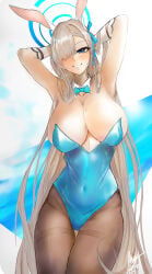 1girls arms_behind_head arms_up asuna_(blue_archive) asuna_(bunny_girl)_(blue_archive) big_breasts blonde_hair blue_archive blue_eyes blush bowtie breasts bunny_ears busty cleavage eyebrows eyelashes female female_focus female_only hair_over_one_eye huge_breasts iknsk large_breasts light-skinned_female light_skin long_hair looking_at_viewer mole mole_on_breast playboy_bunny ribbon smile solo solo_female solo_focus thick_thighs thigh_gap thighs very_long_hair