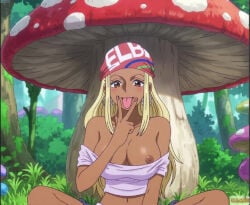 accurate_art_style ai ai-created ai_art ai_generated alternate_version_at_source anime_style artist_logo artist_name baddie belly_button blonde_hair bluesky_link breasts breasts_out brown_eyes brown_nipples dark-skinned_female dark_nipples dark_skin earrings female female_focus female_only giant giant_female giantess gyaru headscarf long_hair mushroom navel nipples one_piece one_piece:_elbaf_arc quinzo11 self_upload tits tits_out toei_animation tongue tongue_out top_lift unnamed_character