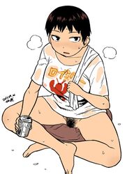 black_hair bottomless breasts can dated female looking_at_viewer open_mouth original pubic_hair see-through shirt short_hair simple_background solo tomboy tsukudani_(coke-buta) very_short_hair wet wet_clothes wet_shirt white_background white_shirt