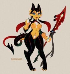 anthro breasts claws demon fangs female genitals glistening glistening_body halberd hi_res holding_object holding_weapon horn hybrid imp kobold melee_weapon navel nipples open_mouth polearm pussy shortstack simple_background solo spikes teeth waspsalad weapon