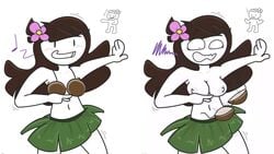 breasts brown_hair coconut_bra dancing embarrassed embarrassed_nude_female enf female flower_in_hair grass_skirt hula jaiden jaiden_animations jaidenanimations james_(theodd1sout) long_hair mob_face music_note nipples scared shy slobbyslapper sssir sssir8 theodd1sout wardrobe_malfunction youtube youtuber youtuber_girl