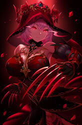 absurd_res breasts canon_possession character_request claws cleavage clothed clothed_female corrupted corruption cosplay costume costume_switch dress esper_zero_(neverness_to_everness) eye_color_change female female_focus female_only glowing_eyes harold_japan large_breasts living_clothes looking_at_viewer mommy monster_girl neverness_to_everness possessed possession red_eyes shawl spoilers