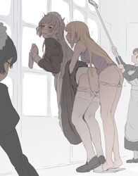 1futa 3girls against_glass against_wall bent_over blonde_hair bottomless cleaning clothed clothing cum cum_inside cumdrip duo_focus female from_behind futa_on_female futanari futanari-sama_(mdf_an) grey_hair_maid_(mdf_an) hair_bun_maid_(mdf_an) human light-skinned_female light_skin long_hair maid mdf_an original pale_skin partially_clothed sex standing thighhighs