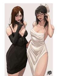2girls artist_name beauty_mark black_hair breasts brown_hair cleavage curvaceous curvy curvy_figure dress female female_focus female_only gloves hair_ornament hair_ribbon jujutsu_kaisen lipstick long_hair ribbon shibewave shoko_ieiri smoking tagme utahime_iori voluptuous voluptuous_female
