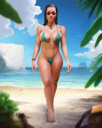 beach big_breasts bikini black_hair breasts female lara_croft long_hair nipple_bulge shiny_skin solo solo_female sunglasses tomb_raider watch wet_skin