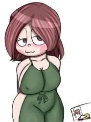 2021 2girls arms_behind_back big_breasts black_eyes blush brown_hair danganronpa danganronpa_v3 danganronpa_v3:_killing_harmony dwarfism female_only huge_breasts irish jembbrowm naked_apron nipples_visible_through_clothing nosebleed rule_63 ryoma_hoshi short_hair smile smirk smooth_skin sweat tagme thick_thighs thighs yonaga_angie