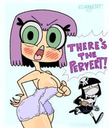 2girls artist_name black_hair blush breasts cleavage eddy_nat ellie_(eddy_nat) english_text goth goth_(eddy_nat) green_eyes hair_ornament large_breasts looking_at_viewer open_mouth original original_character pointing pointing_at_viewer protective purple_hair short_hair shotgun skull_hair_ornament standing towel