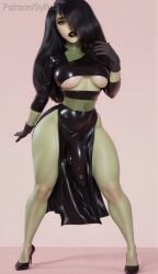1futa ai_generated back_view bare_legs big_ass big_breasts black_hair bouncing_ass bouncing_balls bouncing_breasts bouncing_penis bulge_under_clothes busty colored_skin dancing dick futa_only futanari gloves green_skin heels high_heels kim_possible latex_clothing lipstick long_hair looking_at_viewer shego side_slit sylfuta tagme tight_clothing tight_dress underboob video