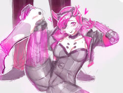 1female 1girl 1girls 1woman apex_legends clothed clothed_female eyepatch pink_eyes pink_hair pink_horn pink_horns see-through_body sketch_lines solo_focus spread_legs tagme wattson wattson_(apex_legends)